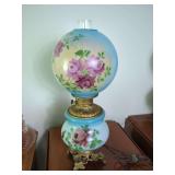 Blue Glass Hand Painted Floral Gone With The Wind Lamp