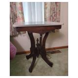 Marble Top Wooden Parlor Table with Turned Pedestal Base