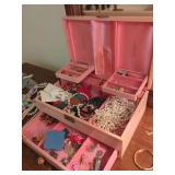 Pink Vinyl Jewelry Box Containing Mixed Costume Jewelry and Accoutrements