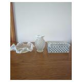 Hobnail Glassware Set with Rectangular Box, Vase, and Ruffled Bowl
