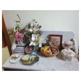 Home Decor Grouping Including Mantel Clock, Floral Needlepoint, and Decorative Ceramic Vessels