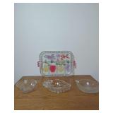 Molded Glass Fruit Motif Serving Tray and Three Small Bowls