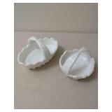 Two White Milk Glass Baskets with Handles and Floral Relief Patterns