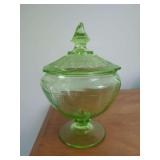 Green Glass Footed Candy Dish with Lid