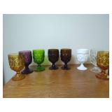 Pressed Glass Goblets in Various Colors Featuring Moon and Star Pattern