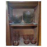 Assorted Glassware Including Patterned Bowls and Pink Tinted Tumblers