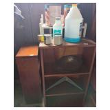 Shelving Units with Paint, Silverplateware, and Workshop Supplies