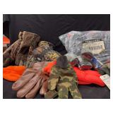 Assorted Work Gloves, Nitrile Coated Safety Gloves, and Camouflage Mesh Hat