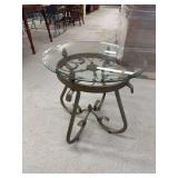 Two Round Accent Tables with Glass Top and Patinated Metal Frame