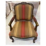 Carved Wood Accent Armchair with Multicolored Striped Upholstery