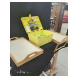 Yellow Plastic Hair Roller Storage Box with Accessories and Wooden Serving Trays