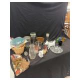 Mixed Kitchenware and Glassware Assortment with Ceramic Figurines