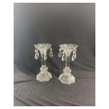 Pair of Cut Glass Candlesticks with Hanging Crystal Prisms