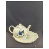 Ceramic Rooster Teapot and Matching Tray Set with Blue and Green Hand-Painted Motif