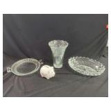 Glass and Ceramic Home Decor Assortment Including Tray, Vase, Bowl, and Piggy Bank