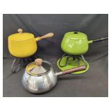 Three Mid-Century Fondue Pot Sets in Stainless Steel and Enameled Metal
