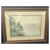 Framed Paul Sawyier Watercolor Painting of River and Bridge Landscape