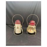 Pair of Industrial Metal Safety Lanterns with Red Plastic Lenses and Adjustable Handles
