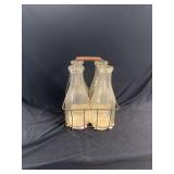 Wire Milk Bottle Carrier with Four Clear Glass Quart Bottles