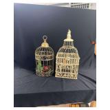 Two Decorative Metal Birdcages with Floral Accents
