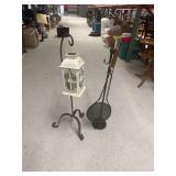 Metal Lantern on Stand and Fireplace Tool Set
