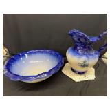 Ironstone England 1890 Blue and White Washbasin and Pitcher Set with Crochet Mat