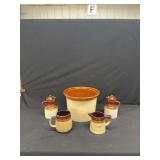 Ceramic Stoneware Kitchenware Set with Two Lidded Cruets, Two Pitchers, and Storage Crock