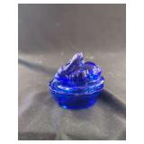 Cobalt Blue Glass Rabbit on Nest Covered Dish