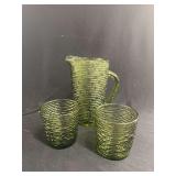 Olive Green Textured Glass Pitcher and Two Tumblers Set