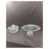 Clear Pressed Glass Footed Cake Stand and Covered Casserole Dish