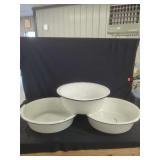 Three White Enamelware Wash Basins with Black Trim