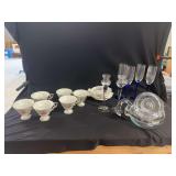 Mixed Tableware Group Including Porcelain Teacups, Glass Stemware, and Clear Glass Teapot