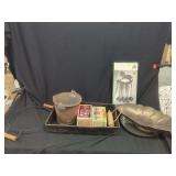 Kitchen Utensil Set, Budweiser Metal Bucket, Cast Iron Tool Set, Hammered Brass Bowl, and Decorative Assortment