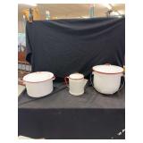 Three-Piece White Enamelware Kitchenware Set with Red Trim
