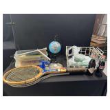 Mixed Grouping of Sports Equipment, Coca-Cola Bottles, Drafting Tools, and Decorative Globe