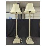 Pair of Off-White Painted Metal Table Lamps with Fluted Square Bases and Shades