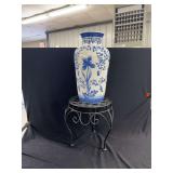 Blue and White Porcelain Floral Vase with Metal Stand