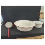 Enamelware Red Trim Basin, Bowl, and Handle Pan Set