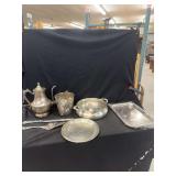 Silver Plated Serveware Assortment Including Coffee Pot, Ice Bucket, Covered Casserole, Flatware, Tray, and Plate
