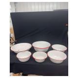Six-Piece White and Red Enamelware Bowl Set