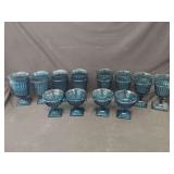 Blue Pressed Glass Stemware and Dessert Bowls Set