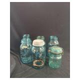 Group of Six Blue Glass Mason and Fruit Jars
