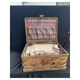 Woven Wood Picnic Basket with Plaid Fabric Interior and Contents