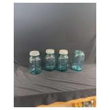 Four Blue Glass Ball Perfect Mason Jars With Metal Lids
