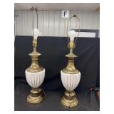 Pair of Brass and White Ceramic Table Lamps with Vertical Gold Pin Stripes