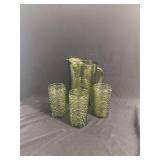 Green Textured Glass Pitcher and Tumbler Set