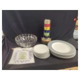 Kitchenware Grouping Including Plates, Bowls, and Decorated Textile Wall Hanging