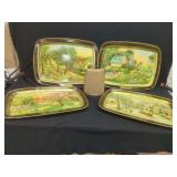 Currier and Ives American Homestead Serving Trays and Metal Cow Bell