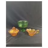 Pressed Glass Tableware Set Comprising Amber Covered Dish, Amber Creamer, and Green Footed Bowl