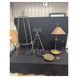 Metal Decor Assortment Featuring Easels, Lamp, and Warming Pan